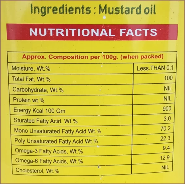 KANODIA YELLOW MUSTARD OIL NUTRITIONAL FACTS