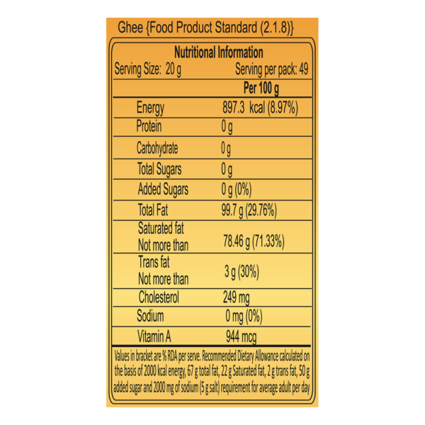 PATANJALI COW GHEE NUTRITIONAL FACTS